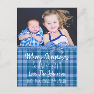 Personalised Blue Plaid Photo Christmas Card