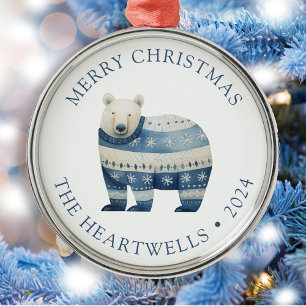 Personalised Blue Polar Bear Merry Christmas Metal Tree Decoration