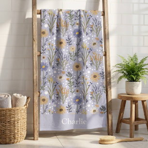 Personalised Blue Polka Dot Flower Kids Bath Towel