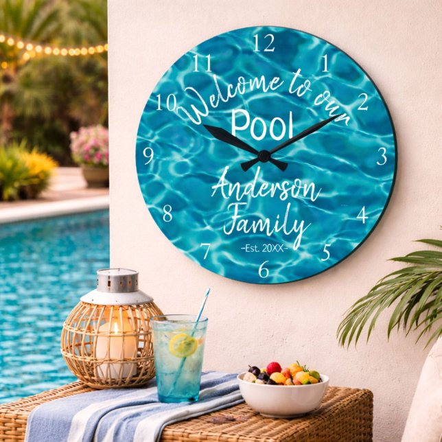Personalised Blue Pool Water Welcome to our Pool Large Clock (Creator Uploaded)
