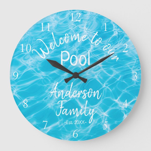 Personalised Blue Pool Water Welcome to our Pool Large Clock (Front)