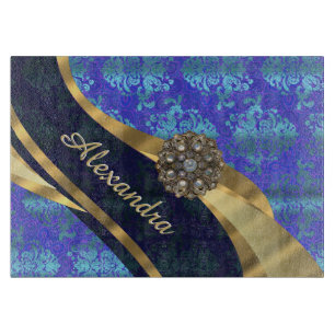 Personalised blue pretty girly damask pattern cutting board