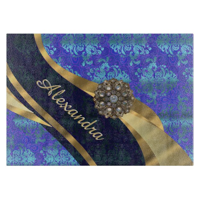 Personalised blue pretty girly damask pattern cutting board (Front)