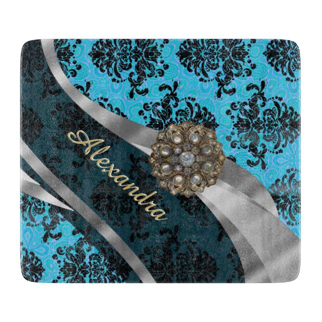 Personalised blue pretty girly damask pattern cutting board (Front)