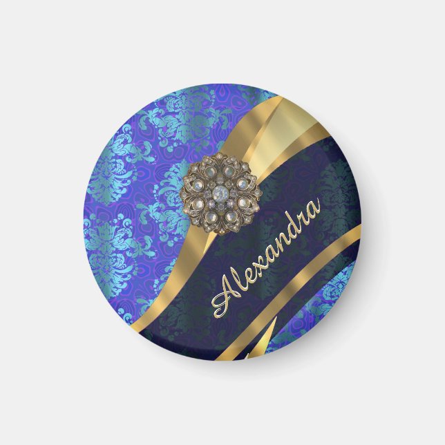 Personalised blue pretty girly damask pattern magnet (Front)