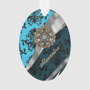 Personalised blue pretty girly damask pattern ornament