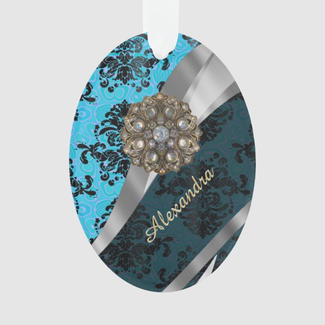 Personalised blue pretty girly damask pattern ornament (Front)