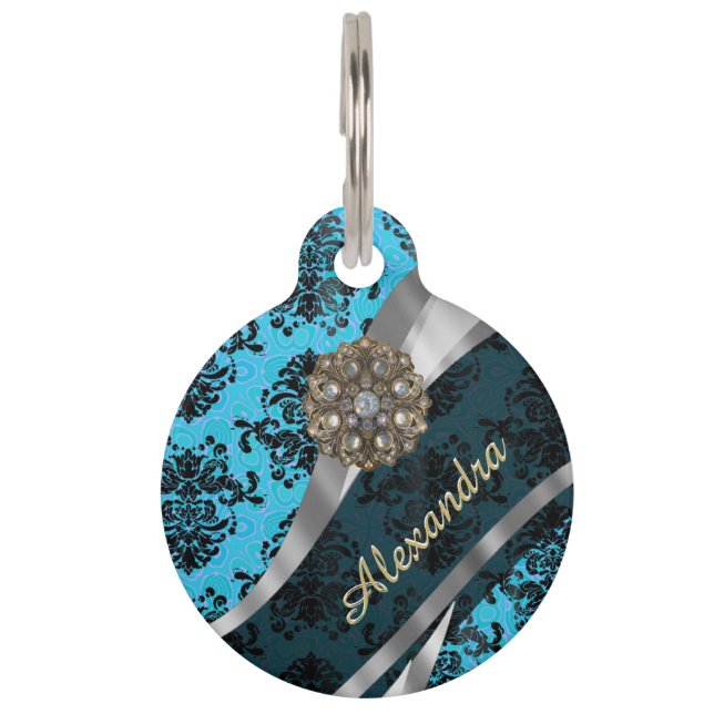 Personalised blue pretty girly damask pattern pet tag (Front)