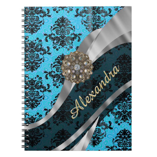 Personalised blue pretty girly damask pattern spiral notebook (Front)
