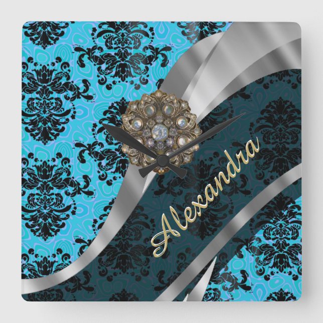 Personalised blue pretty girly damask pattern square wall clock (Front)