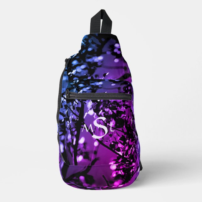Personalised Blue/Purple Abstract Botanical Sling Bag (Front)
