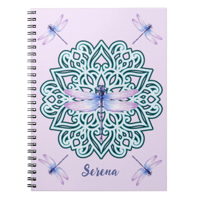 Personalised Blue Purple Dragonfly Mandala Pink Notebook (Front)