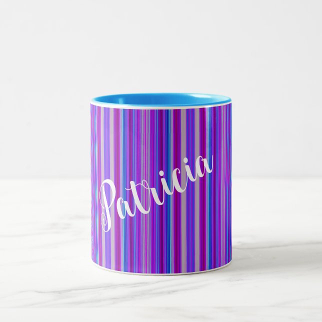 Personalised Blue Purple Vertical Stripes Mug (Center)