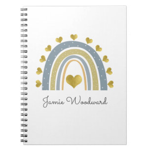 Personalised Blue Rainbow Golden Hearts 3 Ring Bin Notebook