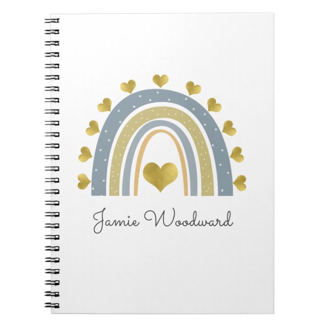 Personalised Blue Rainbow Golden Hearts 3 Ring Bin Notebook (Front)