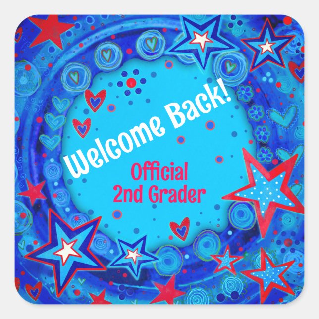 Personalised Blue Red Stars Welcome Back School  Square Sticker (Front)