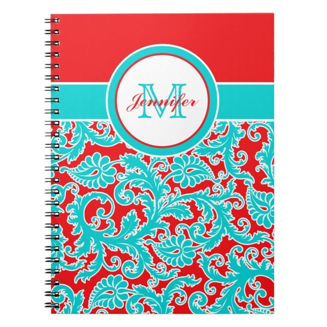Personalised Blue Red White Damask Notebook (Front)