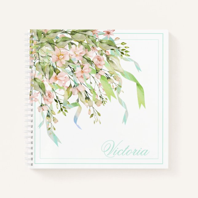 Personalised Blue Ribbons Greenery Elegant Name No Notebook (Front)