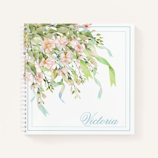 Personalised Blue Ribbons Greenery Elegant Name Notebook (Front)