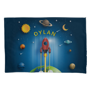 Personalised Blue Rocket Ship Boy's Pillowcase