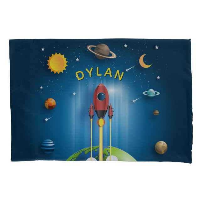 Personalised Blue Rocket Ship Boy's Pillowcase (Front)