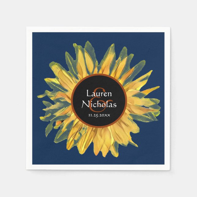 Personalised Blue Rustic Sunflower Wedding Napkins (Front)