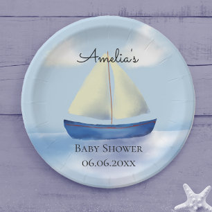 Personalised Blue Sailboat Baby Shower Paper Plate