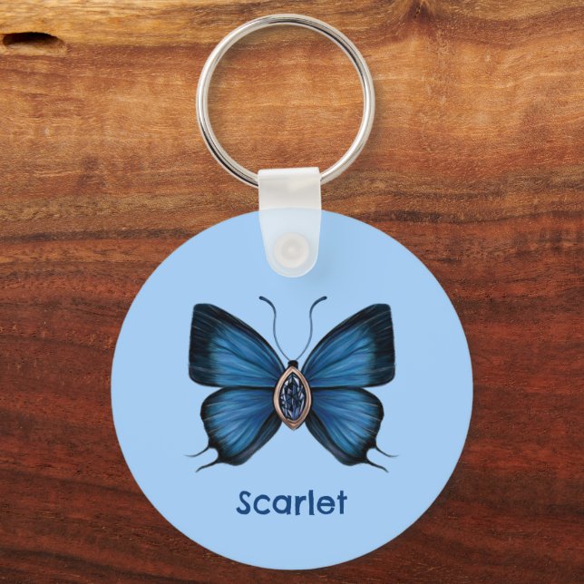 Personalised Blue Sapphire Butterfly Gemstone Key Ring (Back)