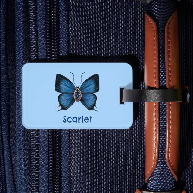 Personalised Blue Sapphire Peacock Royal Butterfly Luggage Tag (Back Insitu 2)