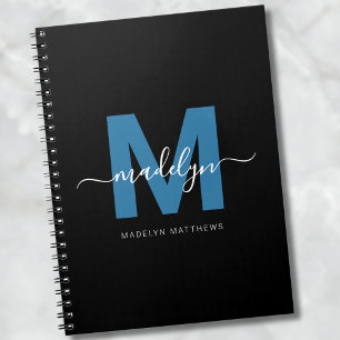 Personalised Blue Script Name Initial Monogram Notebook