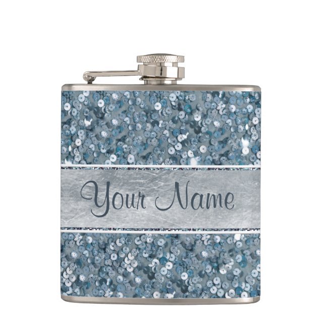 Personalised Blue Sequins Silver Foil Hip Flask (Front)