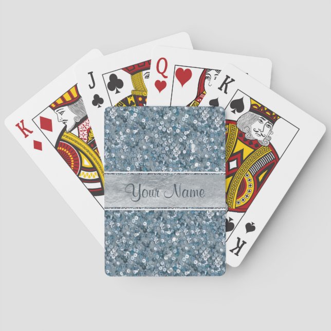 Personalised Blue Sequins Silver Foil Look Playing Cards (Back)