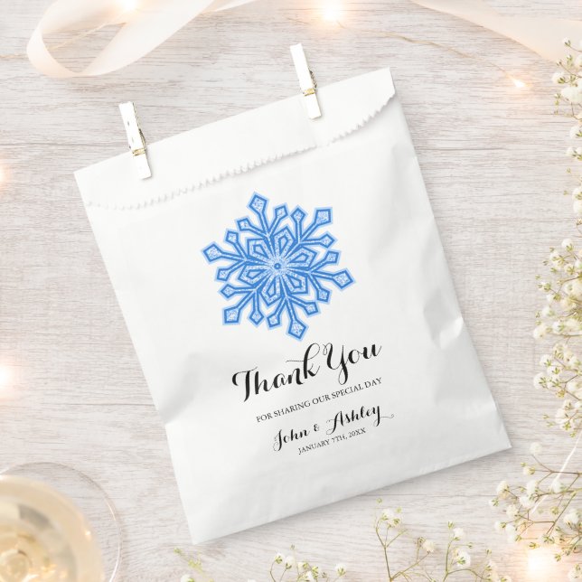 Personalised Blue Snowflake Winter Wedding Favour Bags (Clipped)