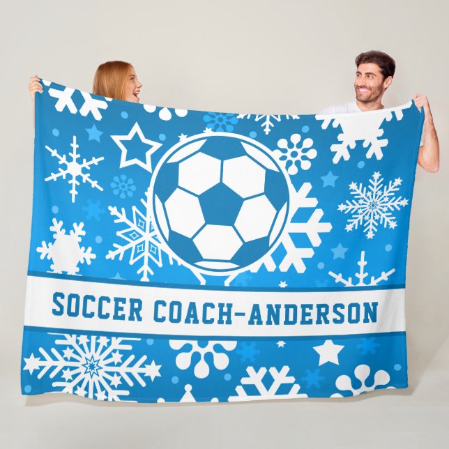 Personalised Blue Snowflakes Soccer Coach Name Fleece Blanket (In Situ)