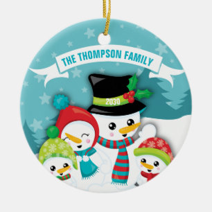 Personalised Blue Snowman Family Christmas Ceramic Tree Decoration