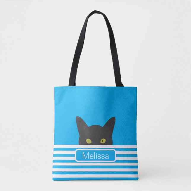 Personalised Blue Stripe Peeking Black Cat   Tote Bag (Front)