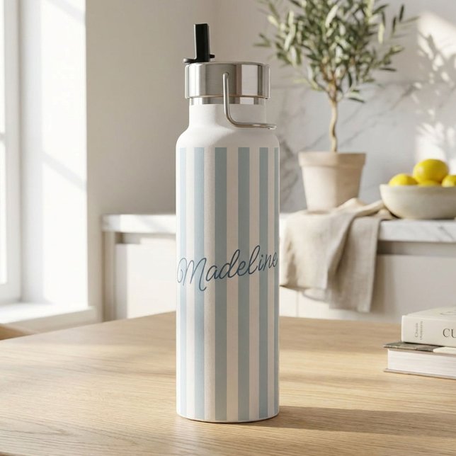 Personalised Blue Stripe Water Bottle with Name (Custom water bottle with blue and white vertical stripes and the name Madeline in elegant script)