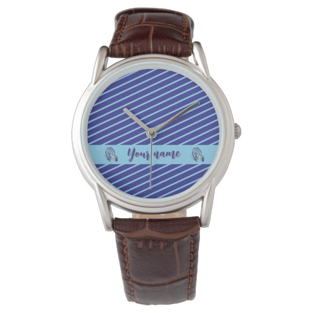 Personalised Blue Striped Modern Minimalist Design Watch (Front)
