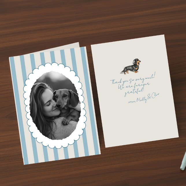 Personalised Blue Striped Pet Photo Dachshund Thank You Card (Send many thanks with a personalized touch! )