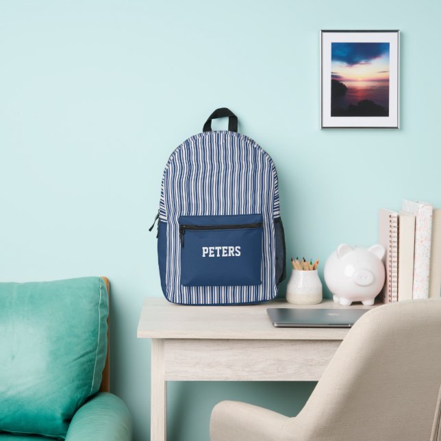 Personalised Blue Striped  Printed Backpack (Insitu)