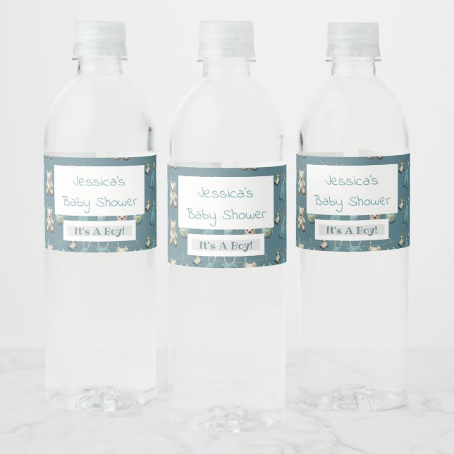 Personalised Blue Teddy Bear Boy Baby Shower  Water Bottle Label (Bottles)