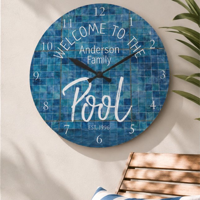 Personalised Blue Tile Welcome to the Family Pool Large Clock (Creator Uploaded)