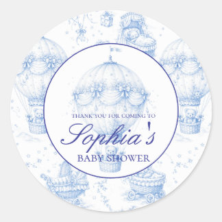 Personalised Blue Toile de Jouy Baby Shower Stick Classic Round Sticker