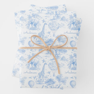 Personalised Blue Toile Safari Baby Shower Gift Wrapping Paper Sheet