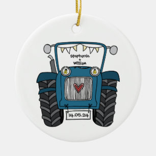 Personalised Blue Tractor Country Wedding Gift Ceramic Tree Decoration