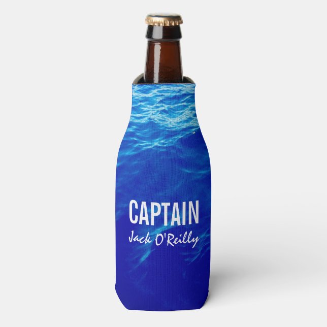 Personalised Blue Water Photo Fishing Boat Captain Bottle Cooler (Bottle Front)