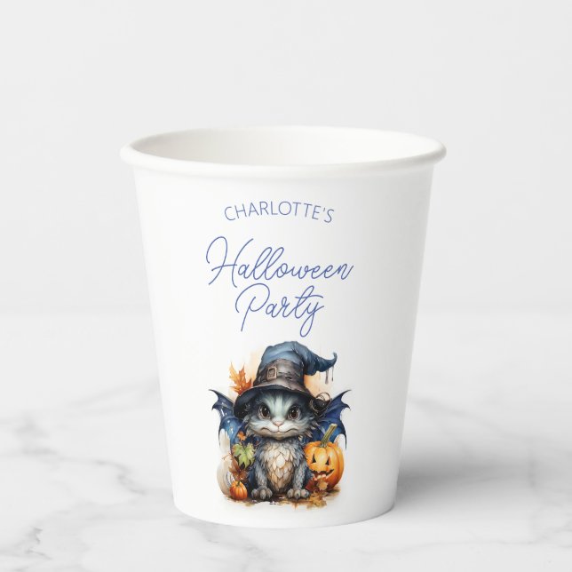 Personalised Blue Watercolor Baby Dragon Halloween Paper Cups (Front)