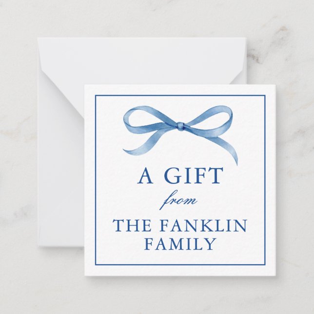 Personalised Blue Watercolor Bow Gift Enclosure Card (Front)