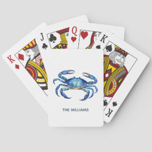 Personalised Blue Watercolor Crab Summer Beach Playing Cards