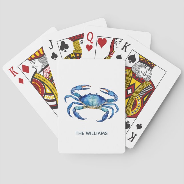 Personalised  Blue Watercolor Crab Summer Beach    Playing Cards (Back)